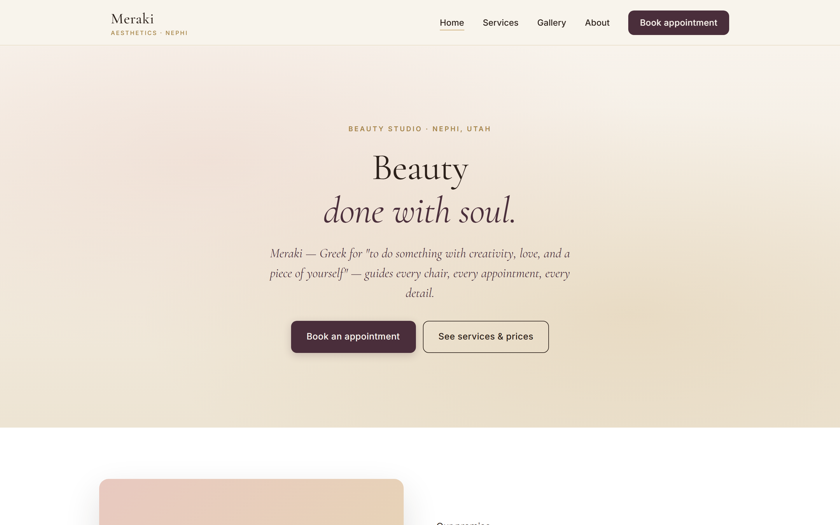 Meraki Aesthetics demo — full-service beauty studio site