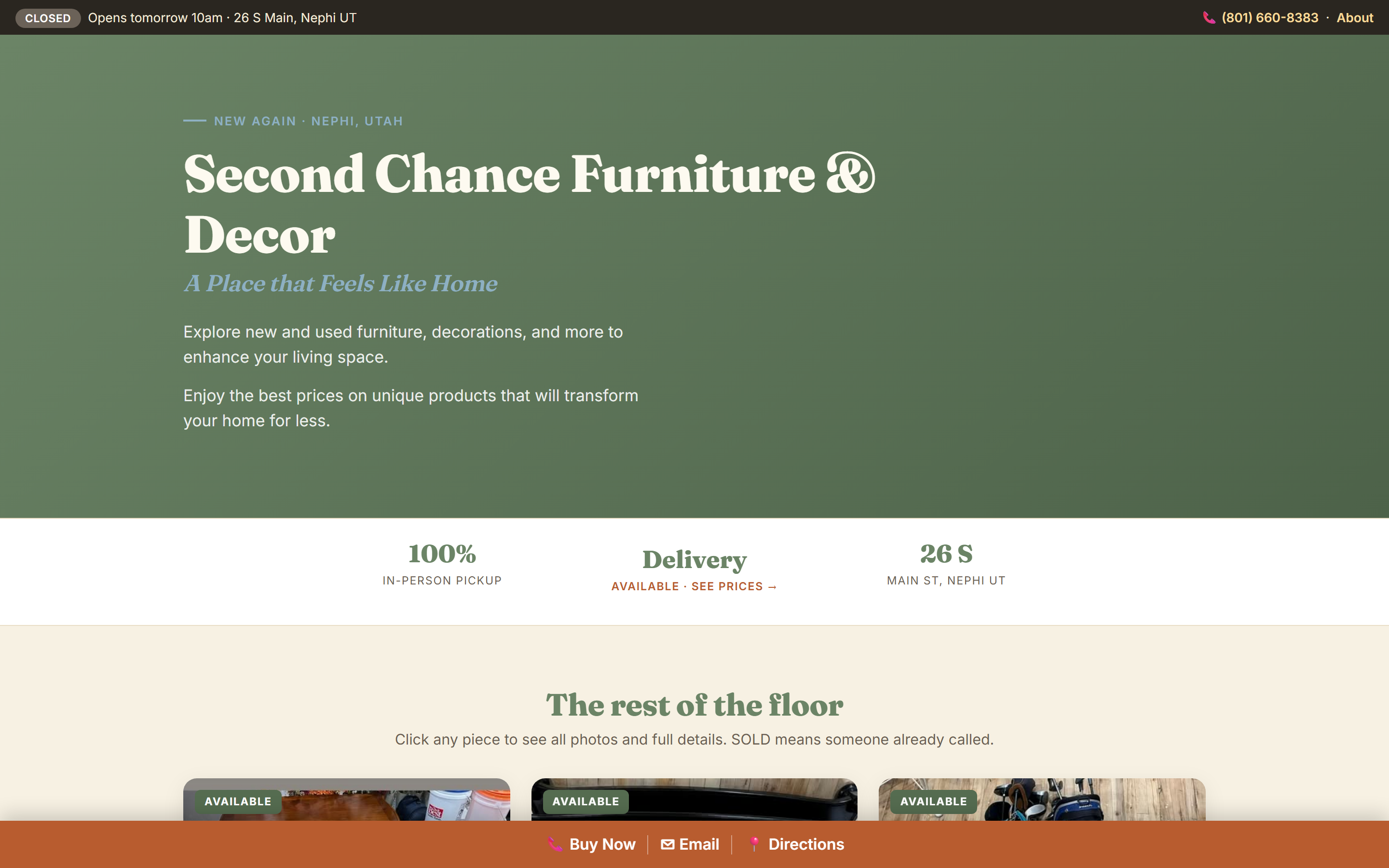 New Again LLC homepage — second-chance furniture catalog in Nephi, Utah